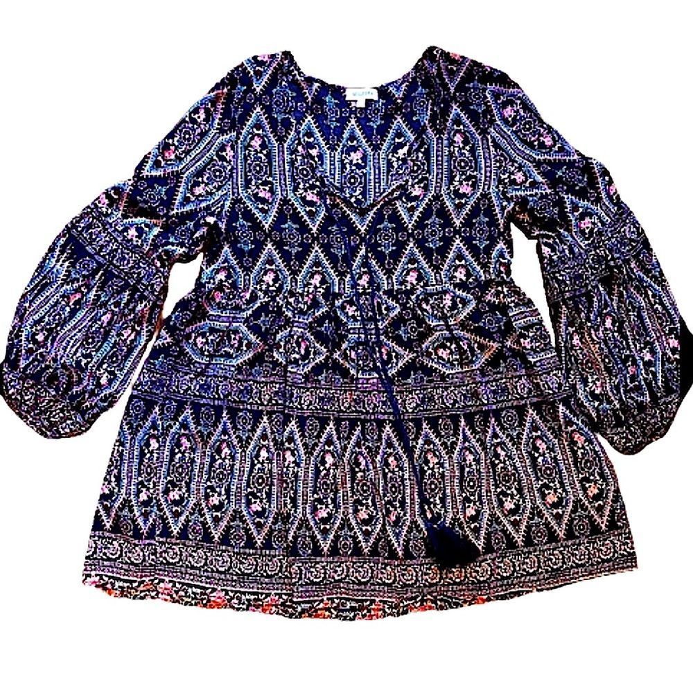 VELZERA Split Neck Tunic Tapestry Pattern Balloon Cuff Sleeves Tassels Sz SM
